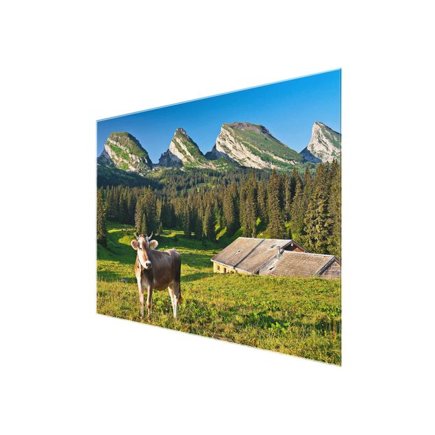 Quadro in vetro - Swiss Alpine meadow with cow - Orizzontale 4:3