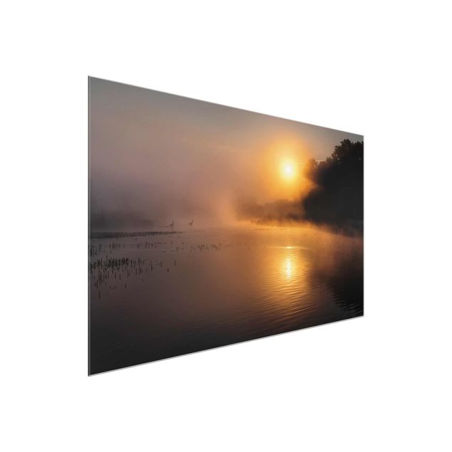 Quadro in vetro - Sunrise at the lake with deers in the fog - Orizzontale 3:2
