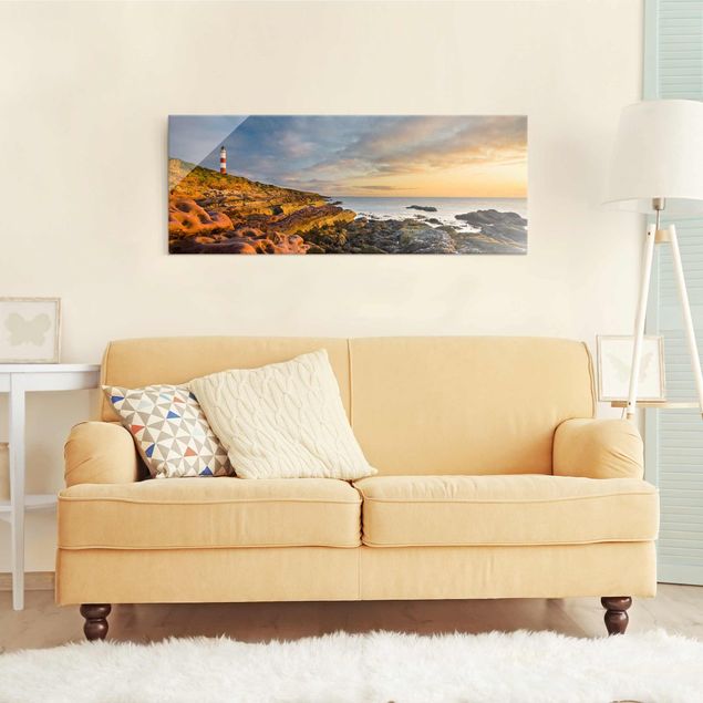 Quadro in vetro - Tarbat Ness Lighthouse and sunset at the sea - Panoramico