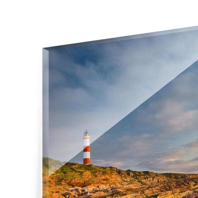 Quadro in vetro - Tarbat Ness Lighthouse and sunset at sea - Quadrato 1:1