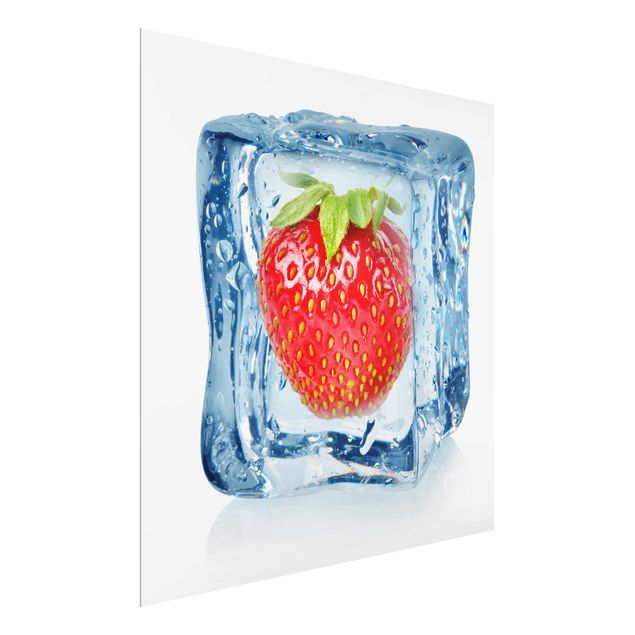 Quadro in vetro - Strawberry in ice cube - Quadrato 1:1