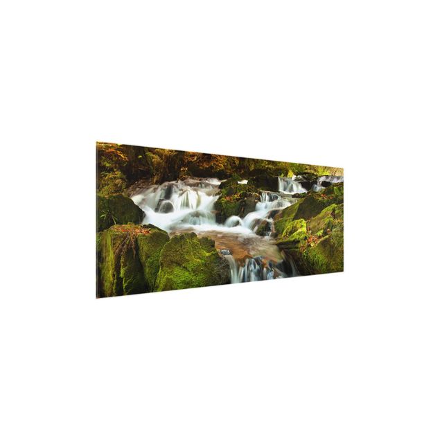 Quadro in vetro - Waterfall autumn forest - Panoramico