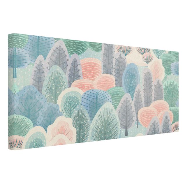 Quadro su tela naturale - Foresta allegra in pastello - Formato orizzontale 2:1