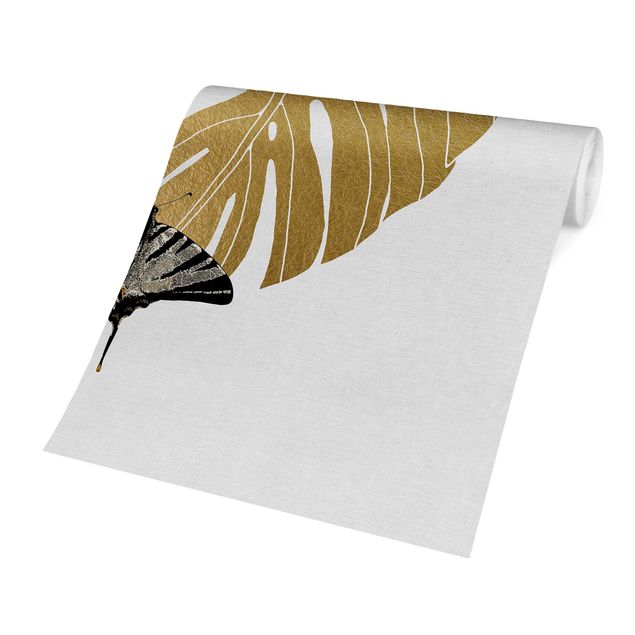 Carta da parati - Monstera dorata con farfalla