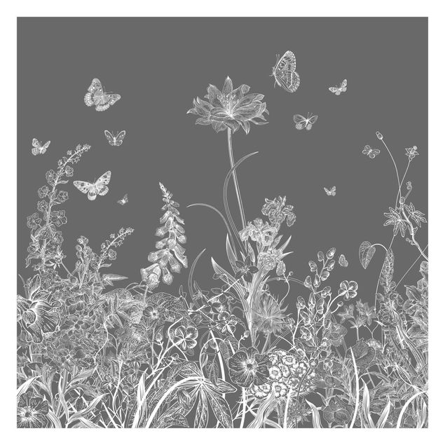 Carta da parati - Grandi fiori con farfalle in grigio