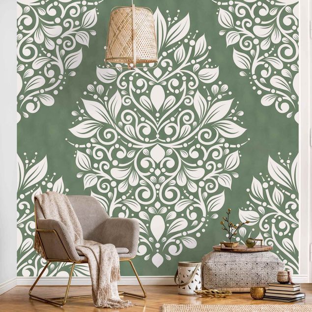 Carta da parati ornamentale soggiorno Grande motivo Art Nouveau in grigio verde