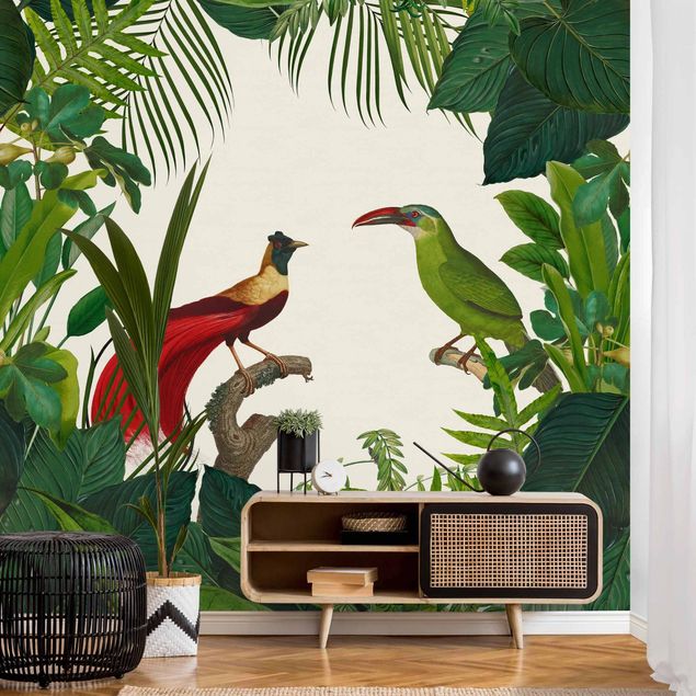 carta da parati effetto giungla Paradiso verde con uccelli tropicali