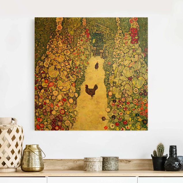 Quadro su tela fiori Gustav Klimt - Sentiero del giardino con galline