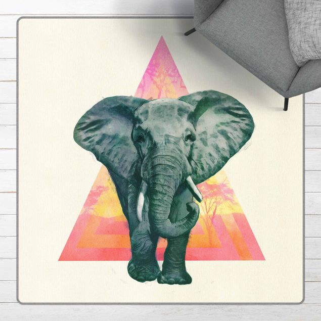Tappeti multicolor Illustrazione di elefanti davanti a dipinto a triangoli