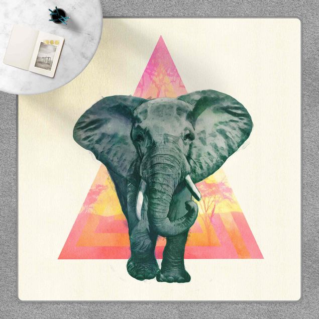 Tappeti in vinile grandi dimensioni Illustrazione di elefanti davanti a dipinto a triangoli