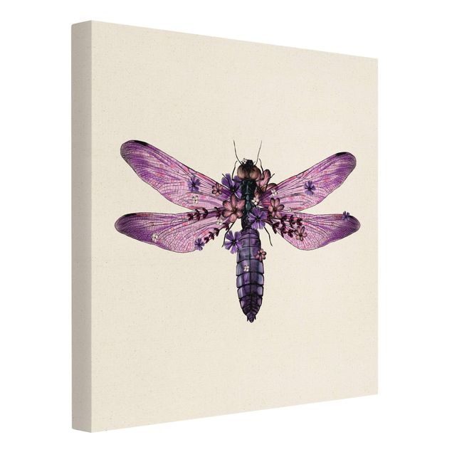 Quadro su tela naturale - Illustrazione floreale libellula - Quadrato 1:1