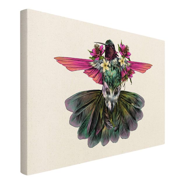 Quadro su tela naturale - Illustrazione floreale colibrì - Formato orizzontale 3:2