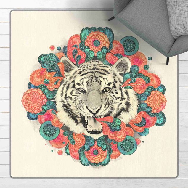 Tappeto rosa cameretta Illustrazione disegno di tigre con disegno mandala paisley