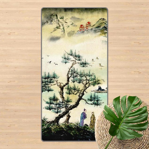 Tappeti foresta Disegno giapponese in acquerello di pino e villaggio di montagna