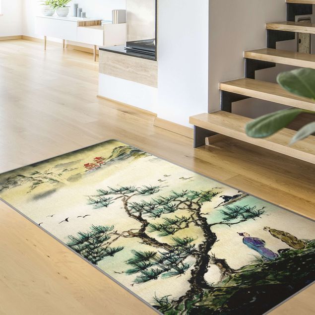 Tappeti bagno moderni Disegno giapponese in acquerello di pino e villaggio di montagna