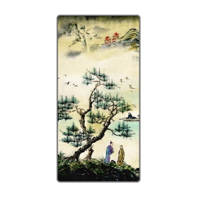 Tappeti in vinile grandi dimensioni Disegno giapponese in acquerello di pino e villaggio di montagna