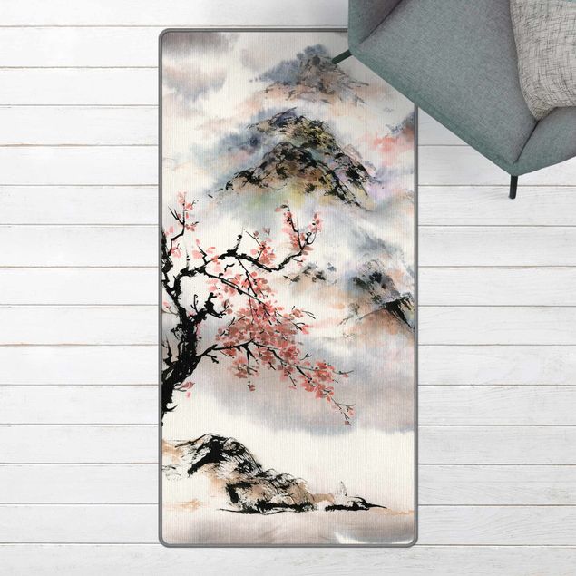 Tappeti floreali moderni Disegno giapponese in acquerello di ciliegio e montagne