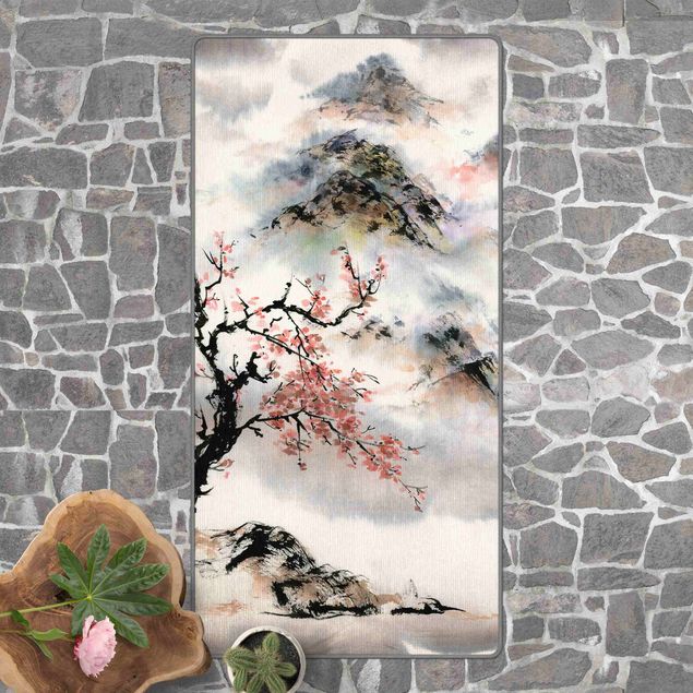 Tappeti foresta Disegno giapponese in acquerello di ciliegio e montagne