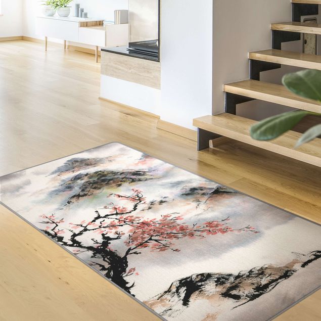 Tappeti bagno moderni Disegno giapponese in acquerello di ciliegio e montagne