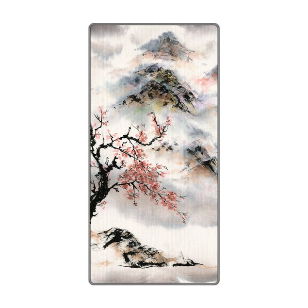 Tappeti effetto naturale Disegno giapponese in acquerello di ciliegio e montagne