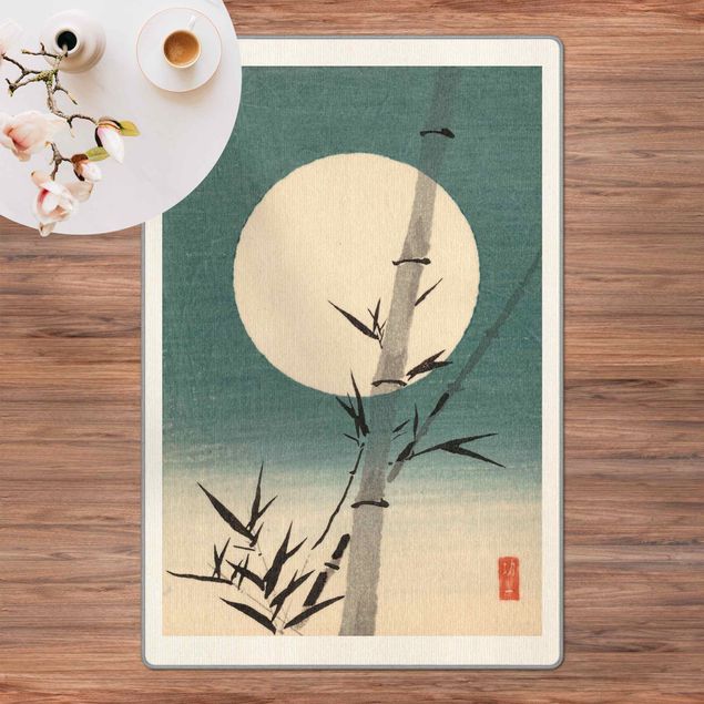 Tappeto blu soggiorno Disegno giapponese ad acquerello bambù e luna