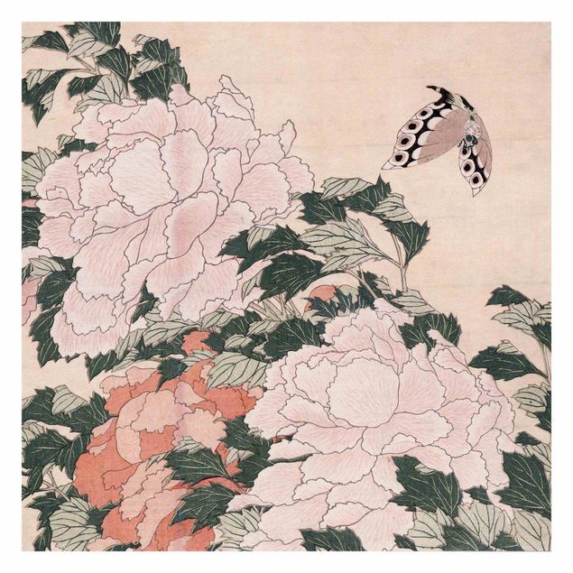 Carta da parati - Katsushika Hokusai - Peonie rosa con farfalle