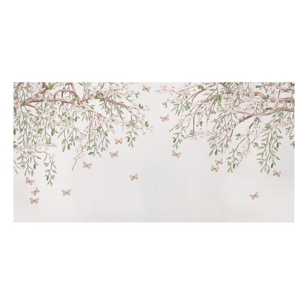 Stampa su tela Fiori di ciliegio nel gioco d'ali delle farfalle