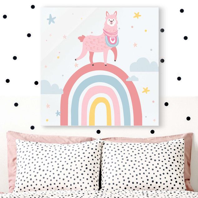 quadri con animali Lama su arcobaleno con stelle e punti