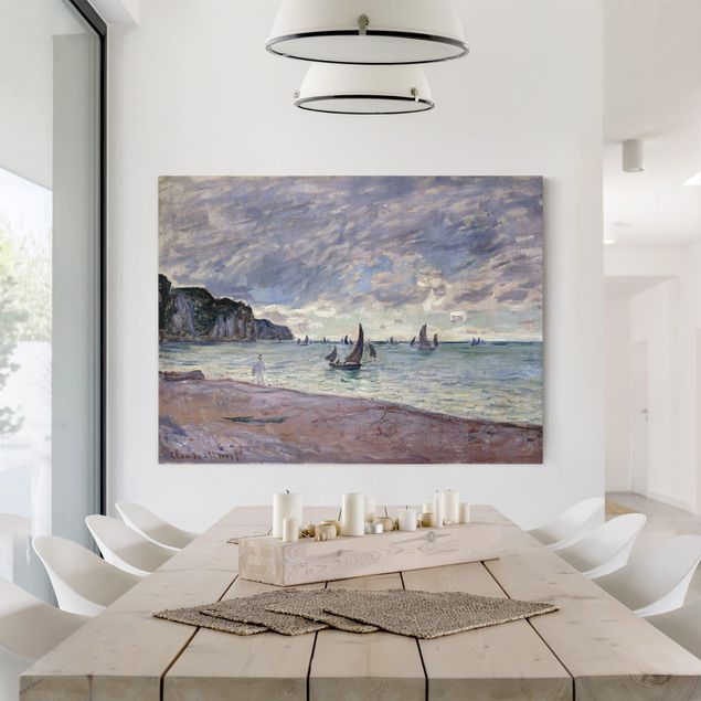 Quadri su tela paesaggio Claude Monet - Barche da pesca davanti alla spiaggia e alle scogliere di Pourville