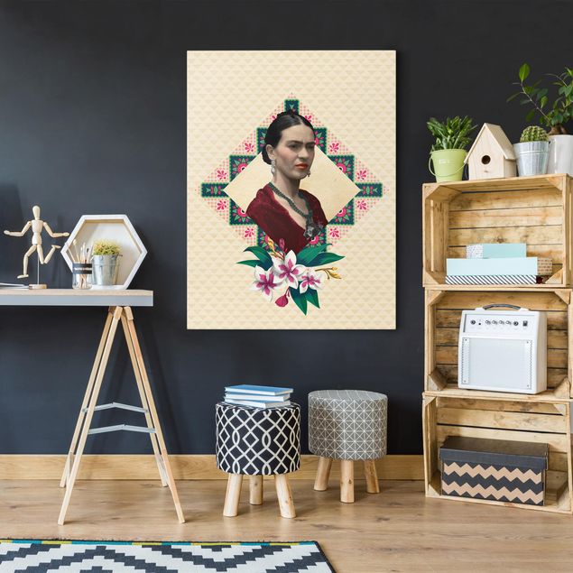 Quadri moderni per soggiorno Frida Kahlo - Fiori e geometria