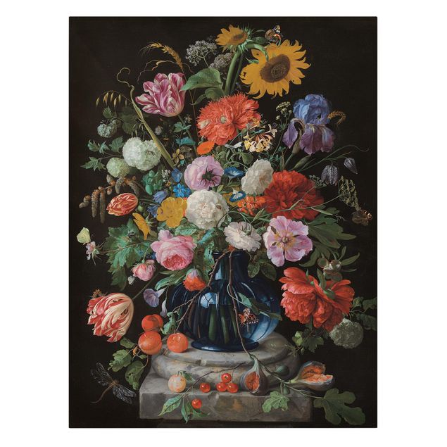 Riproduzioni di Jan Davidsz De Heem Jan Davidsz de Heem - Tulipani, un girasole, un'iris e altri fiori in un vaso di vetro sulla base di marmo di una colonna