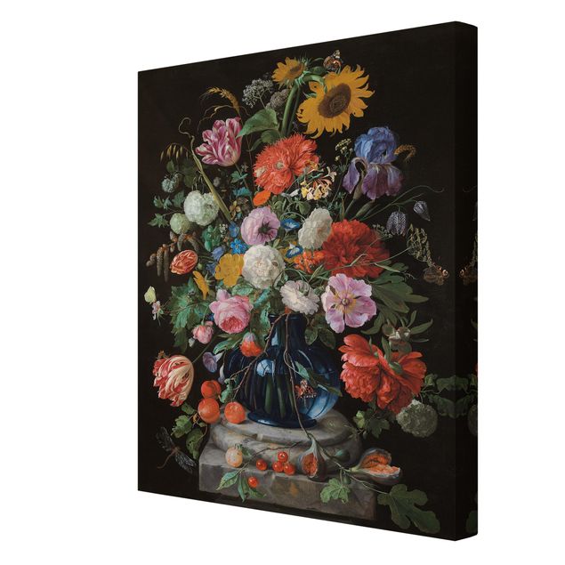 Quadri su tela Jan Davidsz de Heem - Tulipani, un girasole, un'iris e altri fiori in un vaso di vetro sulla base di marmo di una colonna