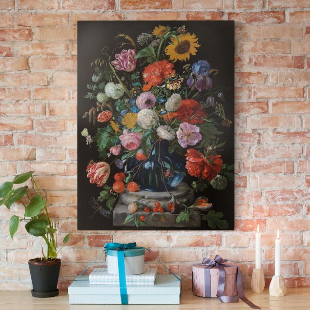 Stampe su tela fiori Jan Davidsz de Heem - Tulipani, un girasole, un'iris e altri fiori in un vaso di vetro sulla base di marmo di una colonna
