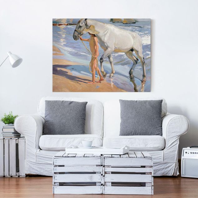 quadri con animali Joaquin Sorolla - Il bagno del cavallo