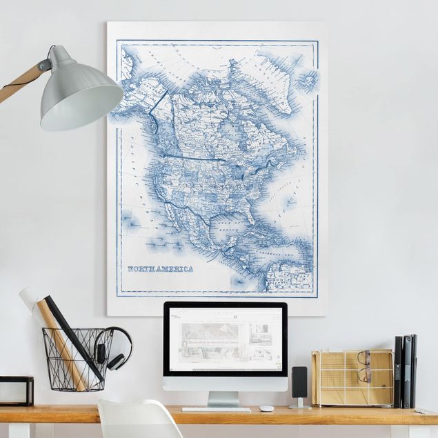 Quadri moderni per soggiorno Mappa in toni blu - America del Nord