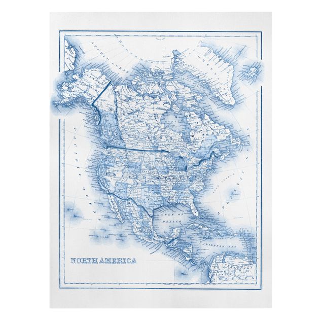Stampa su tela - Mappa In Toni Di Blu - America Del Nord - Verticale 3:4