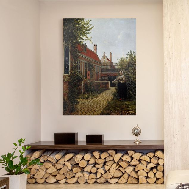 Stampa su tela città Pieter de Hooch - Donna con cesto di fagioli nell'orto