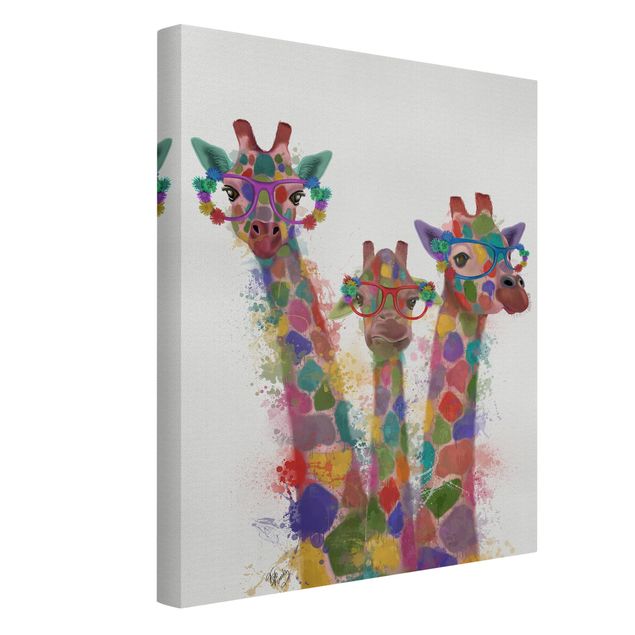 Stampe su tela animali Trio di giraffe con schizzi arcobaleno