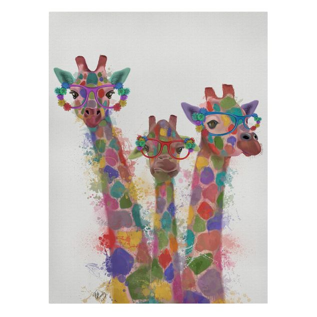 Quadri su tela Trio di giraffe con schizzi arcobaleno