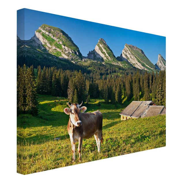 Quadri foresta Prato alpino svizzero con mucca