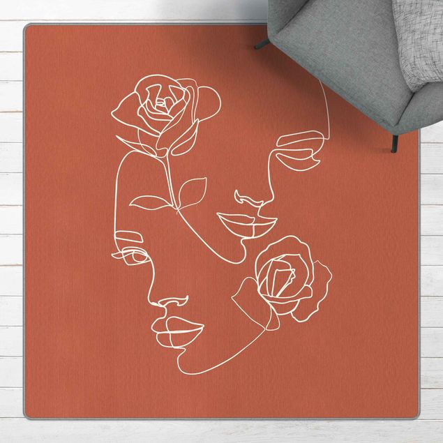 Tappeti fiori Line Art volti di donna e rose in rame