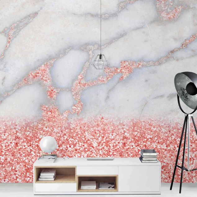 Tapete abstrakt Effetto marmo con coriandoli rosa