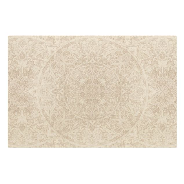 Quadro su tela naturale - Ornamento mandala con trama in acquerello beige - Formato orizzontale 3:2