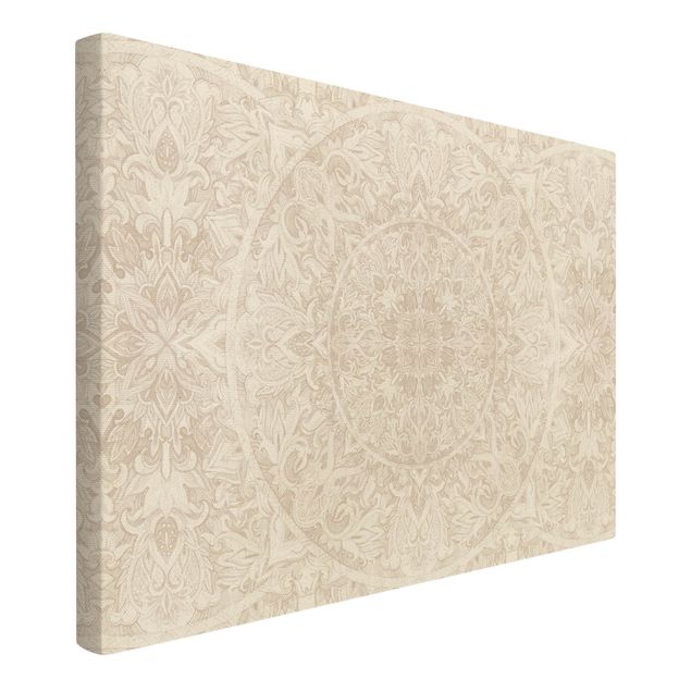 Quadro su tela naturale - Ornamento mandala con trama in acquerello beige - Formato orizzontale 3:2