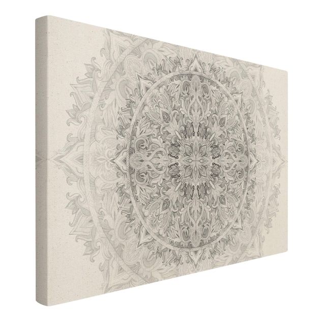 Quadro su tela naturale - Ornamento mandala con trama in acquerello bianco e nero - Formato orizzontale 3:2