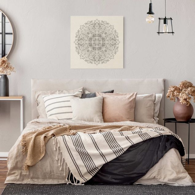 Quadri moderni per soggiorno Mandala Acquerello Ornamento Bianco e Nero