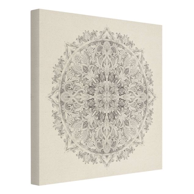 Quadro su tela naturale - Ornamento mandala in acquerello bianco e nero - Quadrato 1:1
