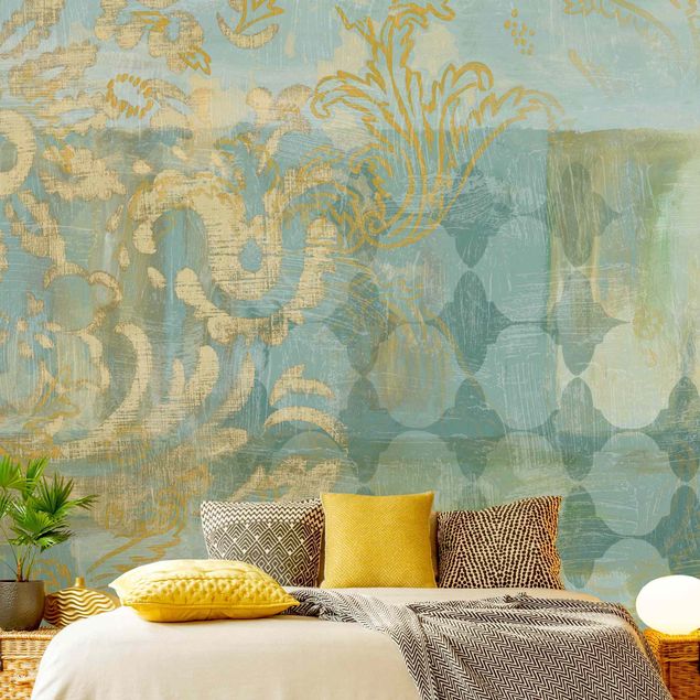 Carta da parati ornamentale soggiorno Collage marocchino in oro e turchese