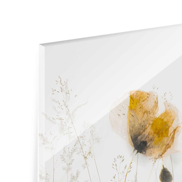 Quadro in vetro - Papaveri e erbe delicate nella morbida nebbia