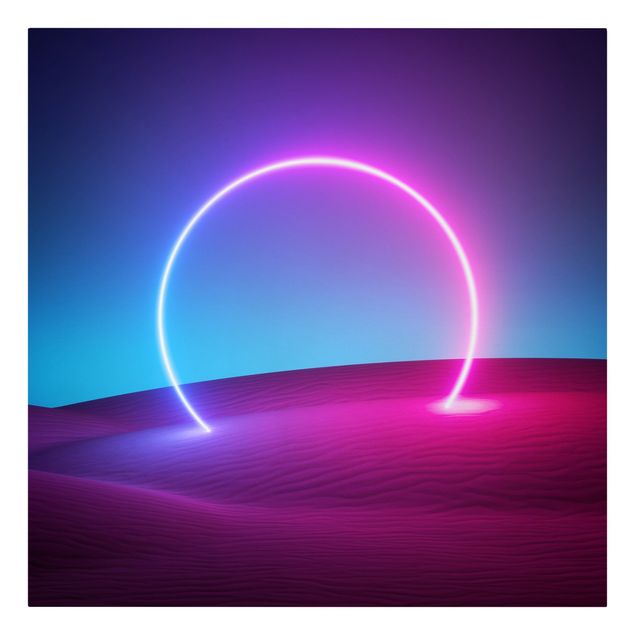 Stampa su tela - Cerchio di luci al neon sulla sabbia
